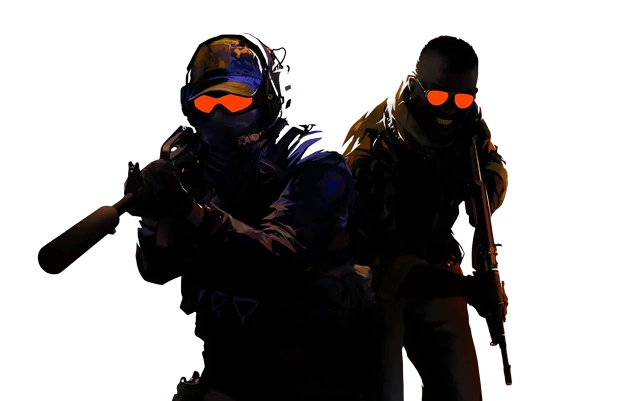 Dwóch zamaskowanych operatorów z bronią na tle pomarańczowego, stylizowanego tła z kontrastowym oświetleniem.