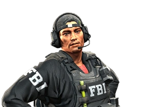 Michael Syfers, snajper FBI, w kamizelce taktycznej i wyposażeniu strzeleckim.